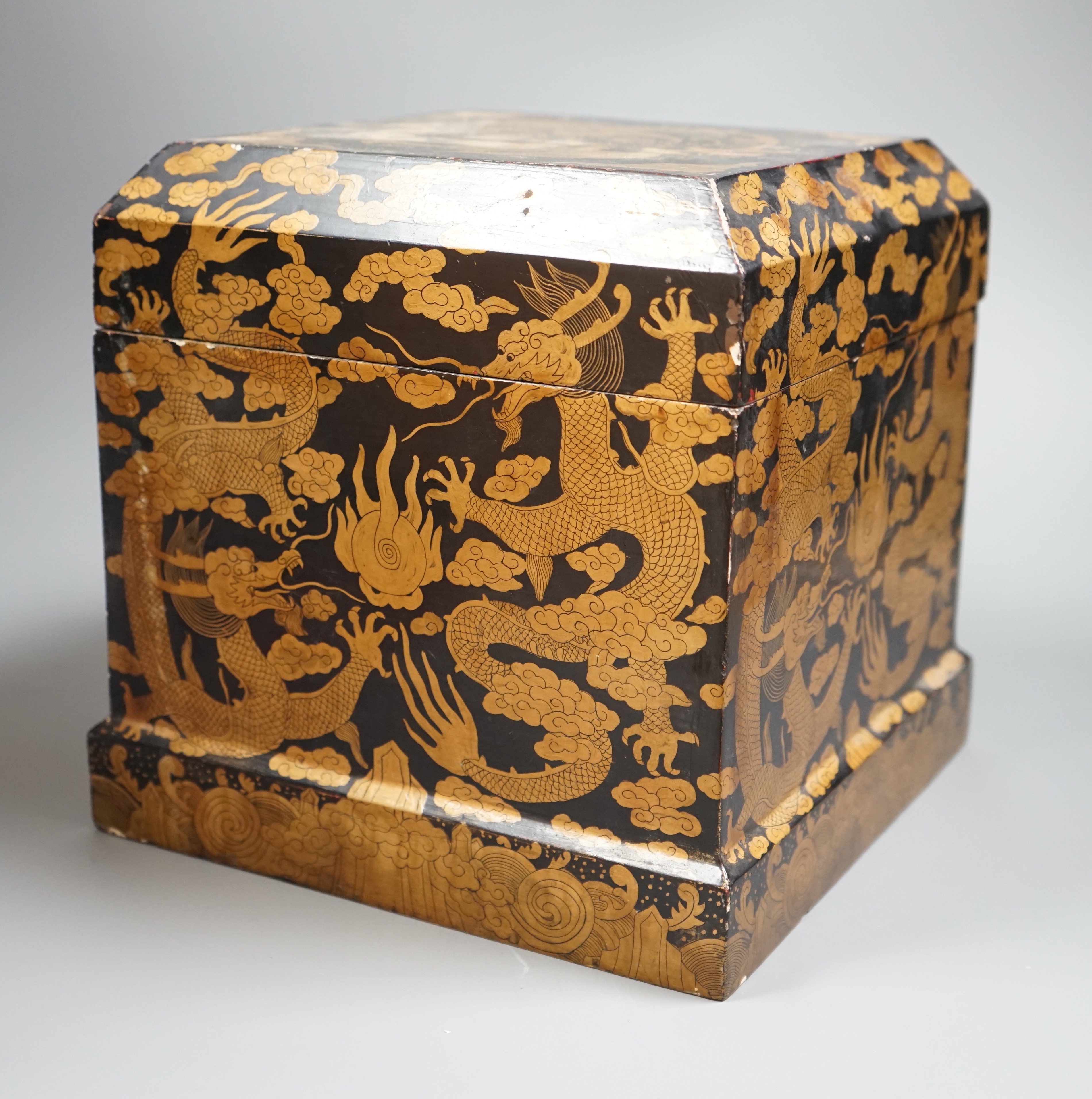 A Chinese black and gold lacquer ‘dragon’ box, early 20th century, 26.5 cms x 26.5 cms